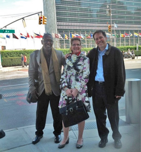 John Hunter, Jamie Baker, and Chris Farina outside the United Nations